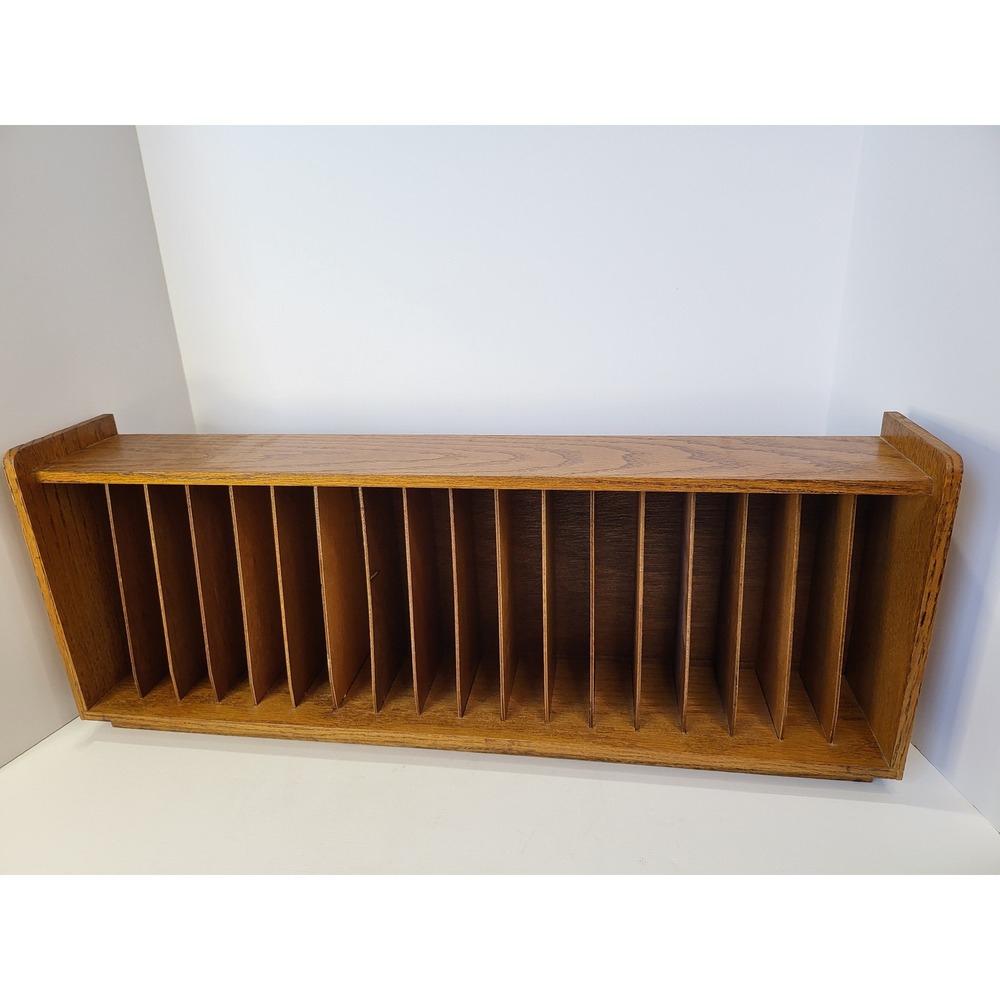 Vintage Retro Wood Media Storage Rack 18 Slot Holder Oak Tone Media Organizer